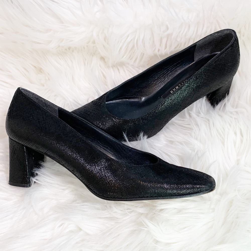 Stuart Weitzman Vintage Metallic Black Square Toe Heel Pump